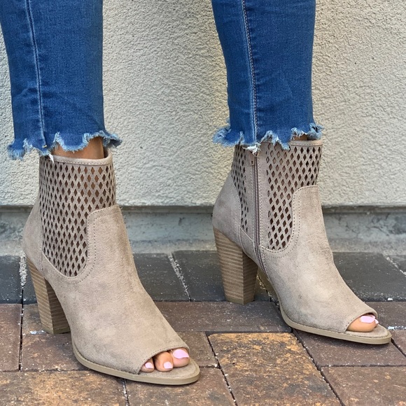 Taupe Peep Toe Perforated Laser Cut Ankle Bootie - Picture 8 of 8